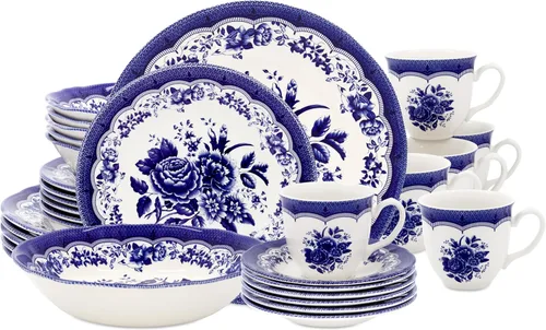 Vista 30 de Tudor Royal - Juego de vajilla redonda de porcelana de 12 piezas, servicio para 4, diseño botánico, flores de verano, platos, cuencos, brillante