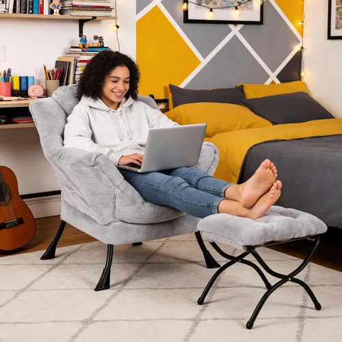 Vista 2 de Silla perezosa moderna con otomana, cómoda silla de lectura para sala de estar