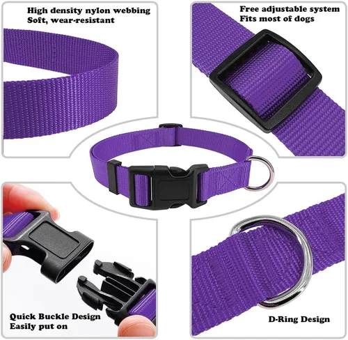 Vista 2 de Collar de perro morado Collares ajustables básicos para cachorros pequeños, medianos y grandes para niñas con collar de nylon de liberación rápida