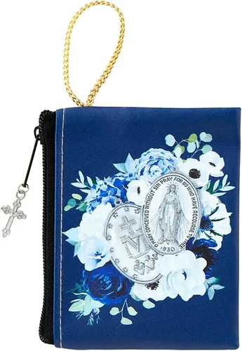 Vista 3 de Rosario milagroso medalla con perlas de imitación azules milagrosas medalla rosario, bolsa de rosario de medalla milagrosa floral, tarjeta