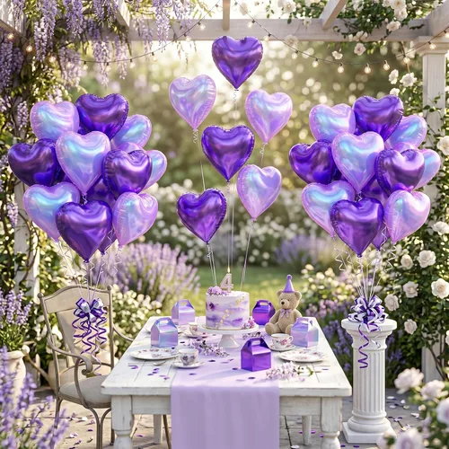 Vista 7 de Globos de corazón morado, 12 globos de aluminio iridiscentes de 18 pulgadas Púrpura iridiscente