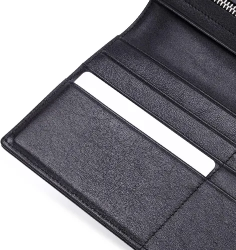 Vista 5 de Cartera larga de piel delgada para hombres y mujeres piel de becerro italiana bolsillo para chequera tarjetas de crédito Piel de becerro negra L