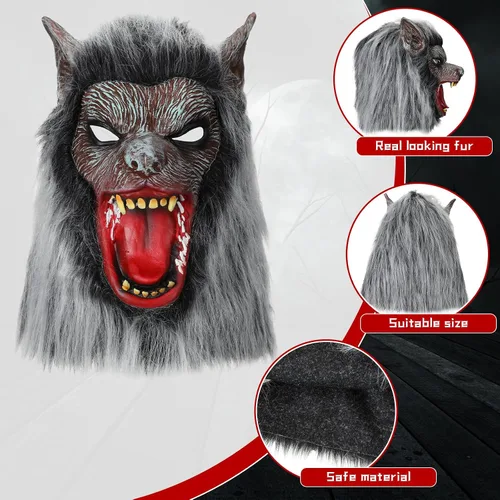 Vista 3 de ramede 3 piezas de disfraz de hombre lobo para Halloween, máscara de cabeza de lobo para adultos, guantes de garras, guantes de hombre lobo