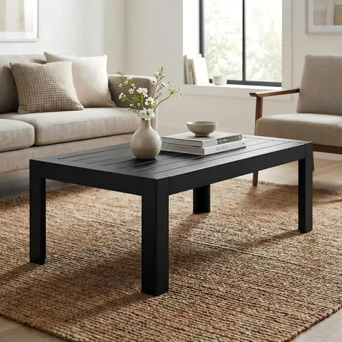 Vista 6 de Solaste - Mesa de café de aluminio para exterior, rectangular de metal para todo tipo de clima, mueble de patio para balcón, jardín, uso en Negro