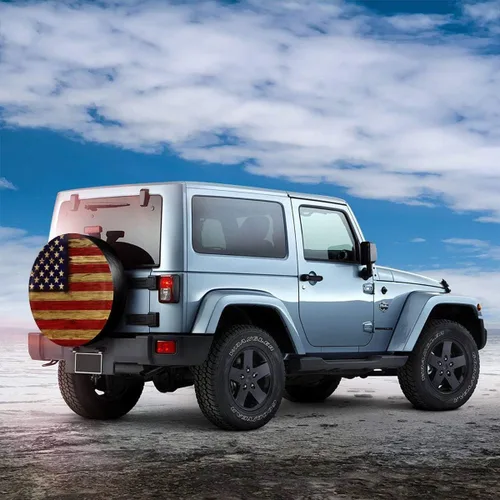 Vista 3 de Cubierta de neumático Bandera Americana de madera recuperada de poliéster potable universal para rueda de repuesto para remolque, RV, SUV