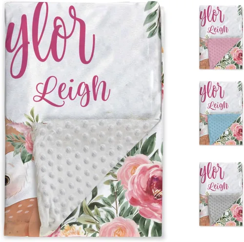 Vista 2 de Manta de bebé personalizada, manta de felpa suave con respaldo de puntos de doble capa para niños y niñas, nombre personalizado con diseño de animal