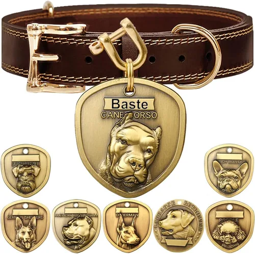 Vista 7 de Collar de cuero auténtico para perro + Juego de etiqueta para perro bulldog con relieve 3D (XS-S)