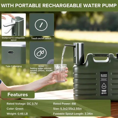 Vista 4 de Jarra de agua para acampar de 5 galones con bomba automática plegable, contenedor de agua para campamento a prueba de fugas sin BPA con espiga