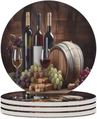 Vista 45 de 4 posavasos de vino tinto, cuadrados y modernos posavasos absorbentes de cerámica, estilo de pintura al óleo, vintage, vino tinto, uvas, rosa