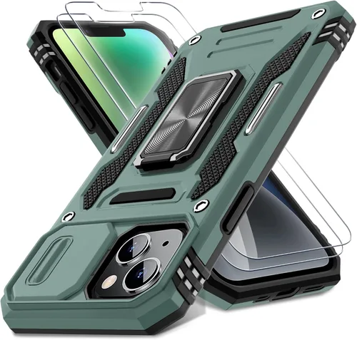 Vista 12 de DEERLAMN Funda para iPhone 13/iPhone 14 de 6.1 pulgadas con cubierta deslizante para cámara + protector de pantalla (2 paquetes), soporte de anillo