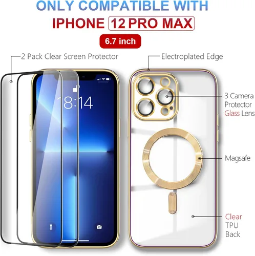 Vista 3 de Magsafe - Funda para iPhone 12 Pro Max, funda magnética transparente para teléfono con protector de pantalla y cubierta de cámara, funda galvanizada