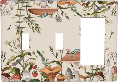 Vista 153 de Placa de Pared en Blanco de 1-Gang Sin Dispositivo Beige Lindo Vintage Boho de los 70s Hongo Fungus Planta Floral Botánica Libélula Interruptor