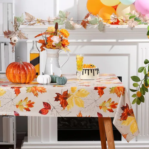 Vista 3 de Hosuly Mantel rectangular desechable de 100 x 40 pulgadas, diseño de hojas de arce de otoño, mantel de plástico para otoño, mantel de cosecha