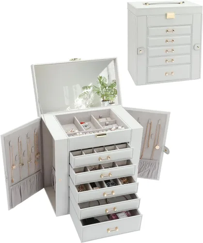 Vista 7 de V-LAFUYLIFE Joyero grande, organizador de joyas con 5 cajones, cajas de joyería de 6 niveles, organizador de joyas con espejo, cajas de joyería