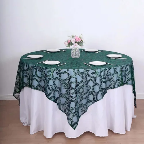 Vista 22 de Efavormart - Superposición de mesa de tul bordado de hojas de lentejuelas plateadas de 72 x 72 pulgadas, mantel cuadrado transparente Plateado