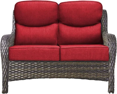 Vista 14 de Sofá Pop Patio de 2 plazas para exteriores con cojines gruesos de botones, respaldo alto, muebles de ratán de mimbre marrón resistentes y cómodos