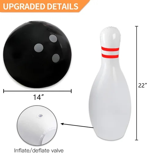 Vista 3 de Novelty Place Juego de bolos gigante inflable para la familia, bola de 14 pulgadas y 6 pines de gran tamaño de 22 pulgadas, juego de patio inflable