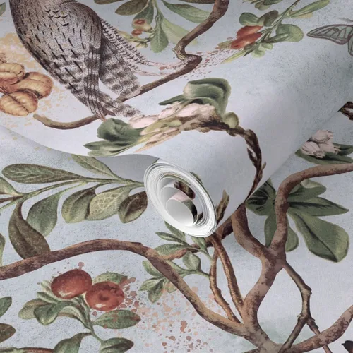 Vista 2 de Muestro de papel tapiz removible – Vintage Birds Acuarela Chinoiserie Antiqued of Prey Blue Green Gray Botánico Personalizado Papel pintado