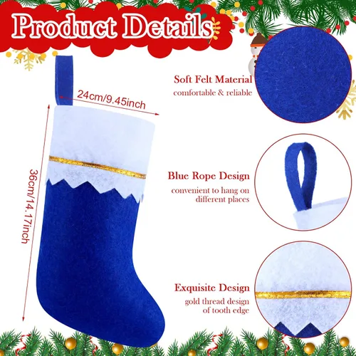 Vista 3 de Skylety 12 calcetines azules de fieltro de Navidad para decoración a granel, 14.96 x 9.84 pulgadas, tela no tejida, para árbol de Navidad, adornos