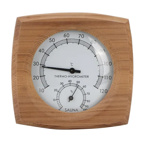 Vista 2 de Termómetro higrómetro para interiores, 2 en 1, termómetro higrómetro de madera para interiores, higrómetro, sala de vapor, sauna, accesorios