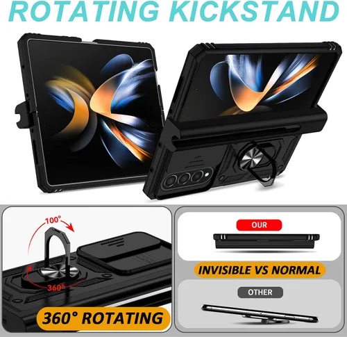 Vista 4 de Miimall Funda compatible con Samsung Z Fold 4 con protección de bisagra, soporte para bolígrafo, cubierta de cámara, soporte de anillo, soporte