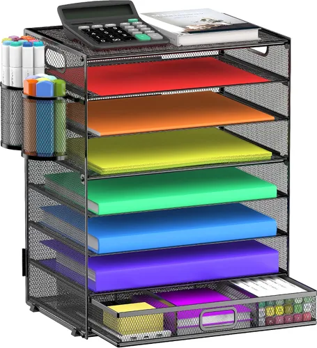 Vista 7 de Organizador de bandejas de papel de 8 niveles con asas, organizador de archivos de escritorio de malla para oficina, escuela, escritorio