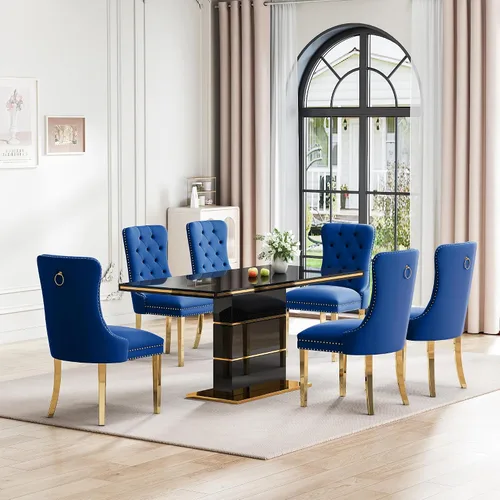 Vista 13 de Mesa de comedor moderna negra para 6 personas, mesa de cocina rectangular de 63 pulgadas con acabado lacado dorado y base de pedestal de acero
