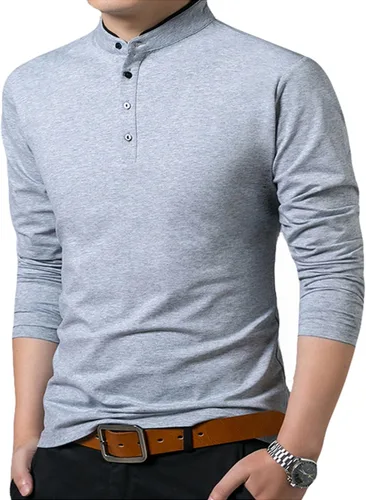 Vista 3 de KUYIGO Camisas de manga larga estilo polo para hombre, estilo informal, cuello mandarín, ajustadas, de algodón
