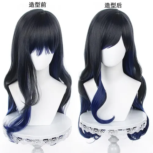 Vista 2 de Pelucas largas de cabello negro y azul mezclado con flequillo para fiesta de Navidad de Halloween para mujeres