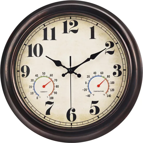 Vista 19 de JENLYSTIME Reloj de pared retro impermeable de 12 pulgadas para interior/exterior con termómetro, silencioso, redondo, de cuarzo, funciona con 40
