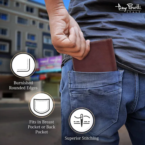 Vista 4 de Tony Perotti Men's Italian Leather Bifold Wallet With Card Holders, Pockets, ID Window - Eco-Friendly Vegetable-Tanned