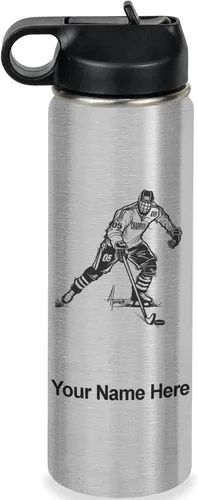 Vista 48 de LaserGram Botella de agua personalizada, jugador de hockey, acero inoxidable de doble pared aislada al vacío con popote superior, regalo grabado