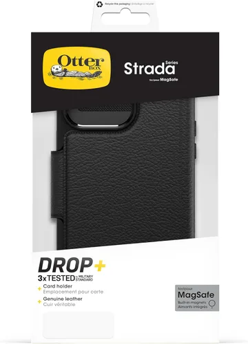 Vista 6 de OtterBox Funda Strada Folio Series para iPhone 15 Pro MAX (solamente), color negro (negro), tarjetero, broches a MagSafe, piel auténtica, apta