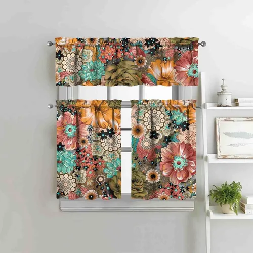 Vista 5 de Juegos de cortinas bohemias de cocina para ventanas, cortina bohemia con flores, cenefa para ventana de fregadero, juego de 3 piezas, decoración