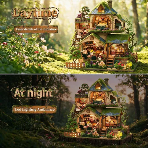 Vista 2 de CRIOLPO Kit de casa de muñecas en miniatura con luces LED para adultos y Aventuras en el bosque