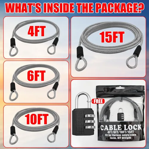 Vista 4 de Candados de cable de 4 pies/6 pies/10 pies/15 pies con combinación de cable de seguridad de 1/8 pulgadas con bucles para cerca, equipaje, gimnasio