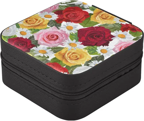 Vista 3 de Kigai Rose Daisy Travel Jewelry Box Organizer for Women, PU Leather Portable Small Jewelry Storage Holder Box for Earrings Rings Necklaces Bracelet