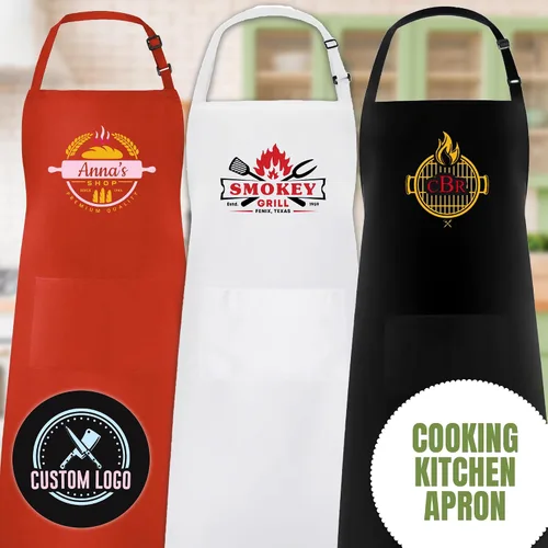 Vista 8 de Delantal con babero ajustable personalizado – Delantales de cocina personalizados con 2 bolsillos para mujeres y hombres – Añade tu nombre