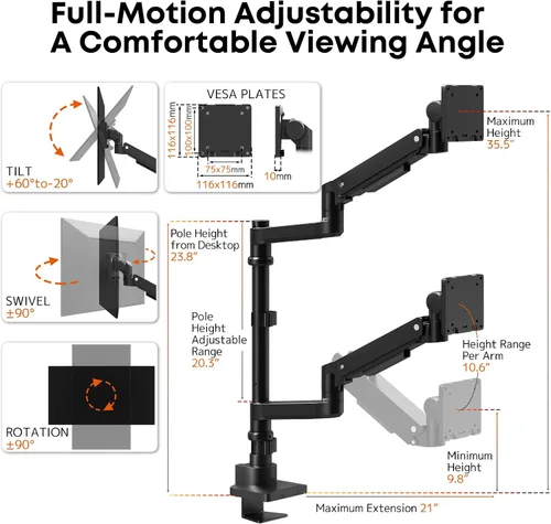 Vista 4 de Brazo de monitor doble resistente para pantallas de 17 a 57 pulgadas - Soporte vertical para monitor doble de 23.8 pulgadas de alto, soporte de Negro