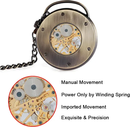 Vista 4 de Carrie Hughes Reloj de bolsillo steampunk esqueleto mano-viento números romanos cadena antigua para hombre mujer CH336, CH336, retro, moda, casual