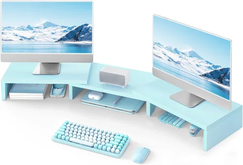 Vista 13 de TAVR - Soporte para monitor doble, organizador de escritorio de oficina para 2 monitores, longitud y ángulo ajustables, 3 estantes, soporte