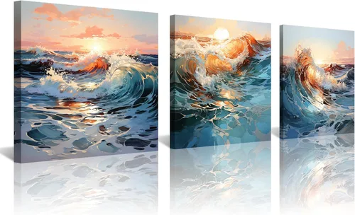 Vista 12 de Arte de pared costero de playa, arte en lienzo de barco azul, imágenes de gaviota, paisaje marino, impresiones de pintura de paisajes marinos, obras