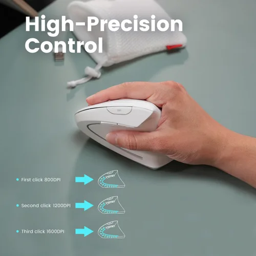 Vista 7 de Perixx PERIMICE-813W - Mouse vertical Bluetooth - Especificaciones inalámbricas 3 en 1 para múltiples dispositivos, bolsa de transporte de viaje