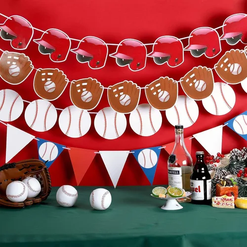 Vista 7 de Tatuo 6 carteles de béisbol para fiestas, guirnalda de papel de béisbol, banderines para decoración de fiestas de cumpleaños temáticas deportivas