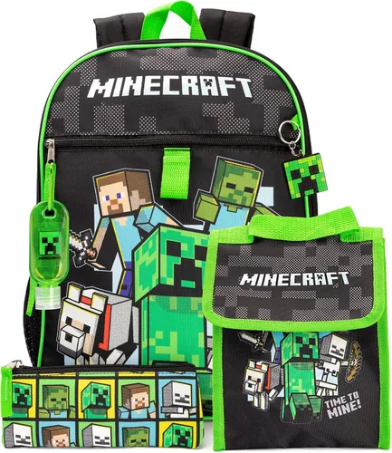Vista 3 de Minecraft Mochila para niños de 5 piezas Creeper Zombie School Lunch Bag Gamer, Negro