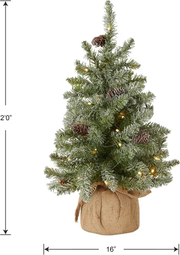 Vista 5 de National Tree Company Árbol de Navidad artificial mini preiluminado de 2 pies con copo, 50 luces LED transparentes, 75 puntas, piñas, base