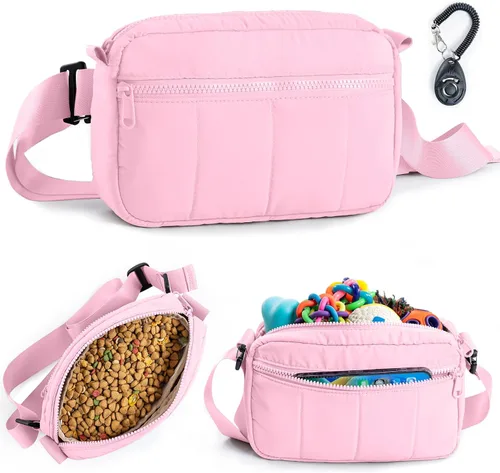 Vista 8 de Bolsa de golosinas para perros con clicker elegante bolsa cruzada para pasear perros, bolsa 3 en 1 para entrenamiento de perros con forro