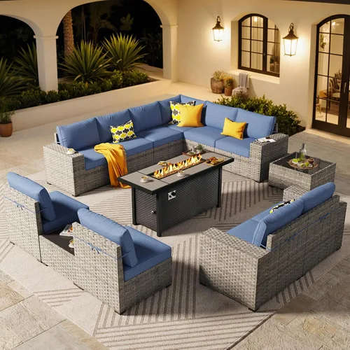 Vista 33 de ovios Juego de muebles de patio de 6 piezas, sofá seccional de mimbre para exteriores con mesa auxiliar, cómodos cojines, moderno sofá modular Beige