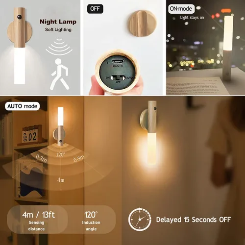 Vista 2 de Aplique de pared con pilas, luz de pared LED inalámbrica con detección de movimiento, luz nocturna recargable por USB para interiores, luz nocturna