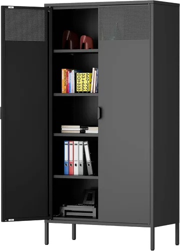 Vista 119 de Gabinete de almacenamiento de metal ancho negro, gabinete de acento de 2 puertas para el hogar y la oficina, gabinete de metal bajo de 2 niveles